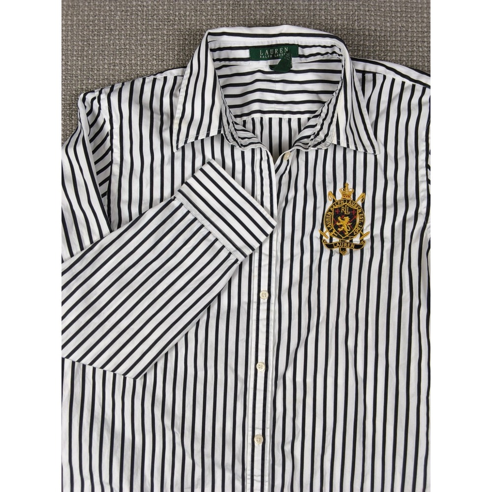 Lauren Ralph Lauren Black White Striped Button Down Shirt Gold Crest Patch L